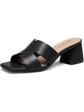 Women's Black Square Open Toe Sandals Low Block Chunky Heel Slip on Casual Shoes